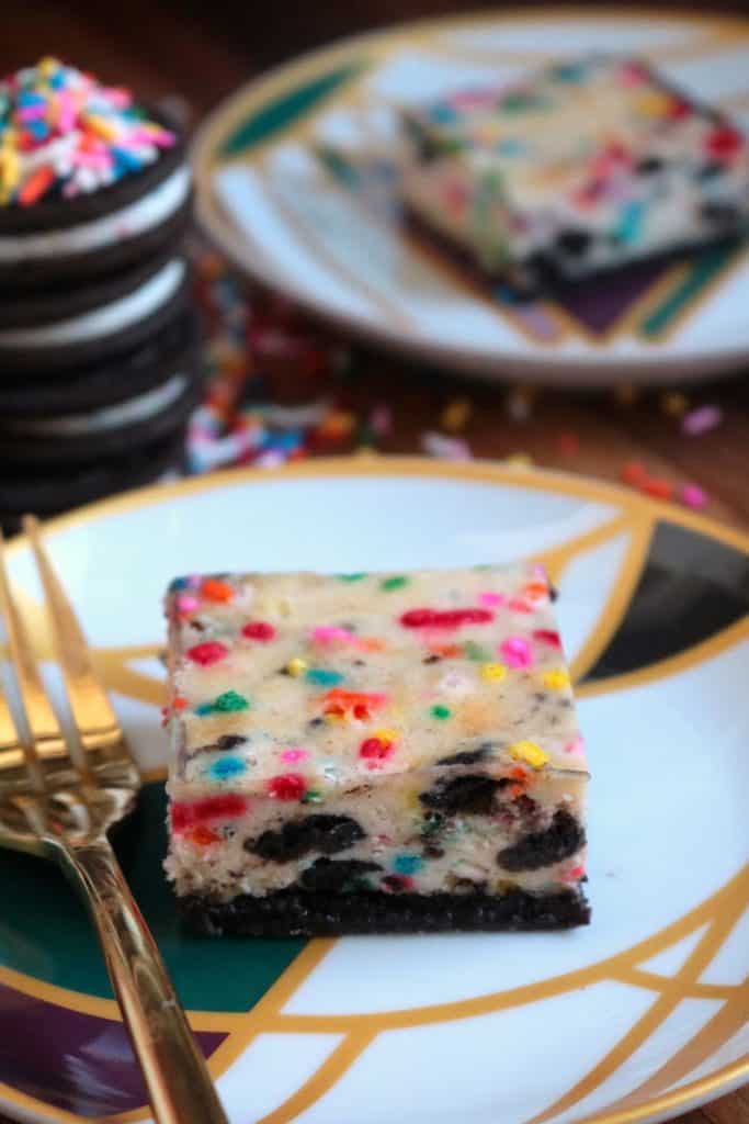 Oreo Birthday Cake Cheesecake Bars.