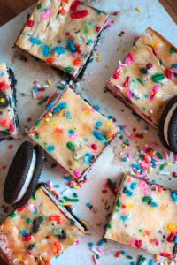 Birthday Cake Oreo Cheesecake Bars.