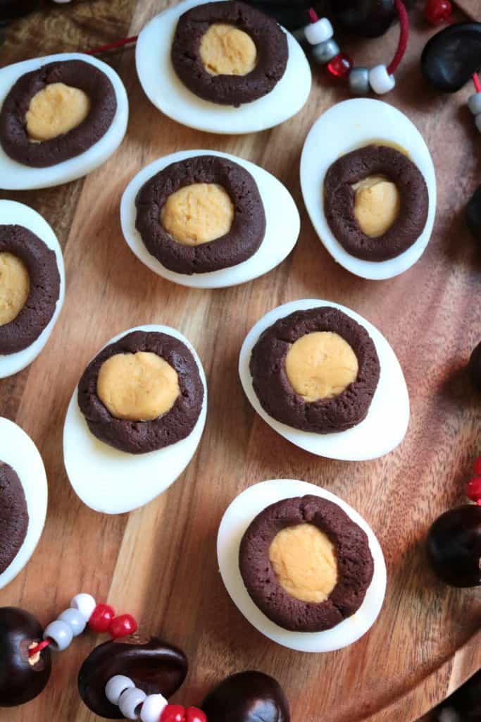 Buckeye Deviled Eggs on a Platter.