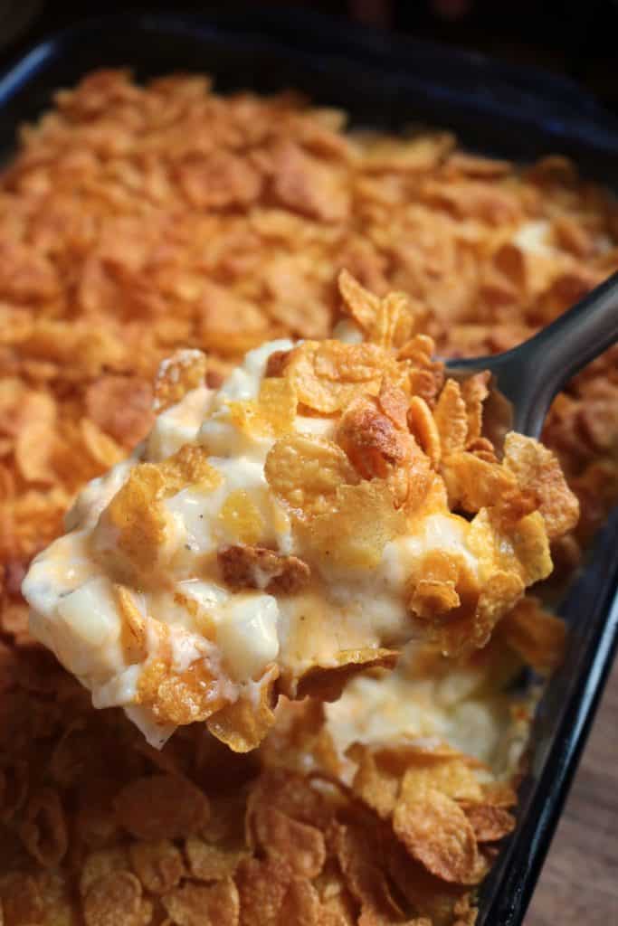 Cheesy Potato Casserole with Corn Flakes.