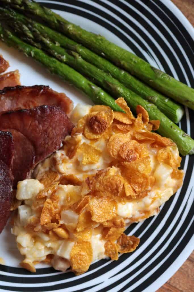Cheesy Potato Casserole with Ham and Asparagus.