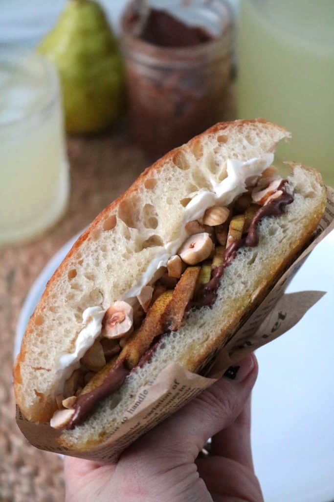 Chocolate Hazelnut Pear Focaccia Sandwich.