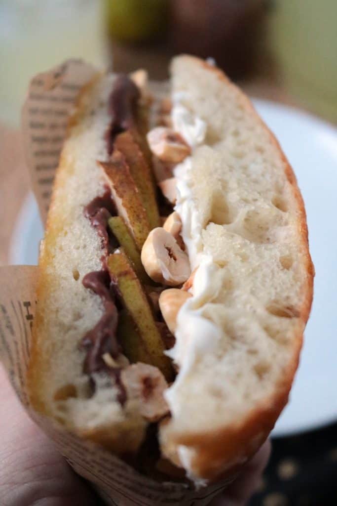 Focaccia Sandwich with pear, Nutella, mascarpone, and hazelnut.