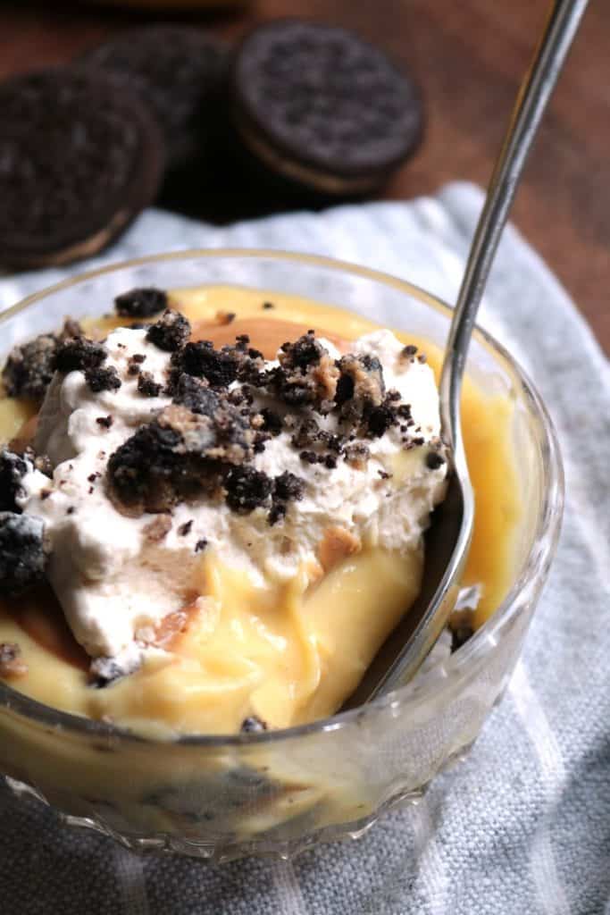 Peanut Butter Oreo Banana Pudding served in a bowl.