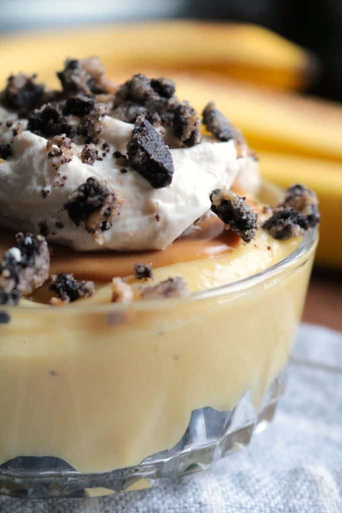 Peanut Butter Oreo Banana Pudding Close Up.