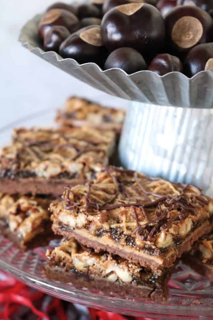 Peanut Butter Pecan Pie Bars with Chocolate Crust.