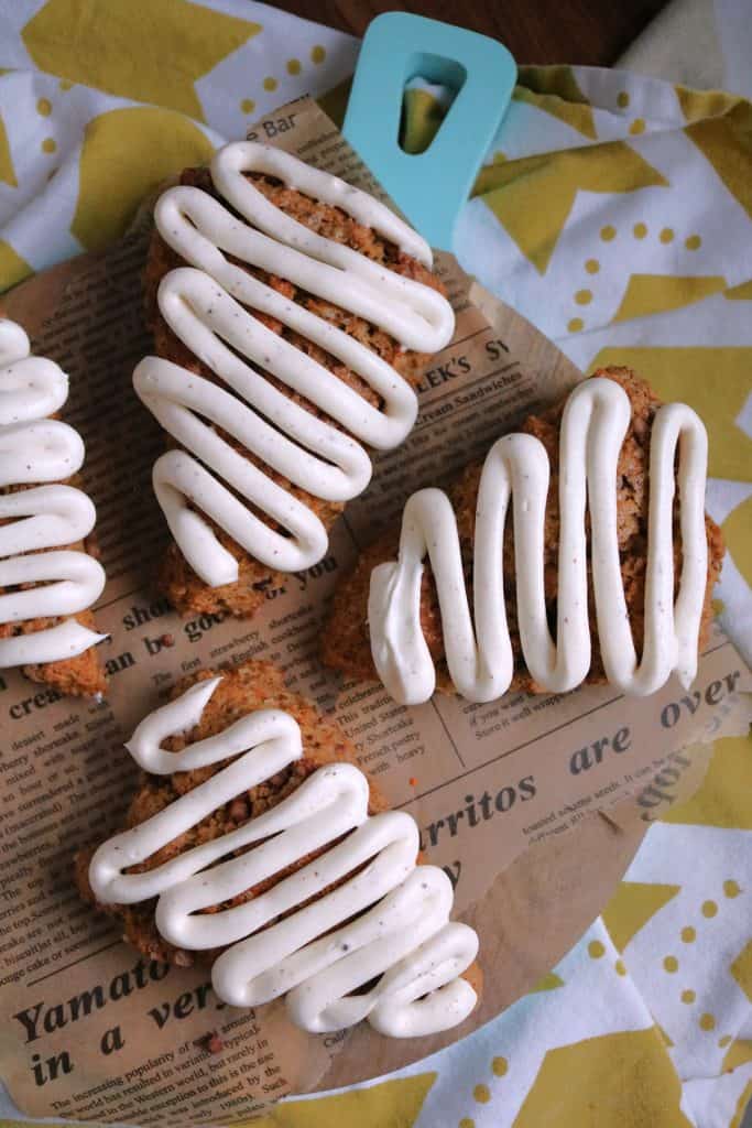 Browned Butter Carrot Cake Scones with Browned Butter Cream Cheese Frosting.