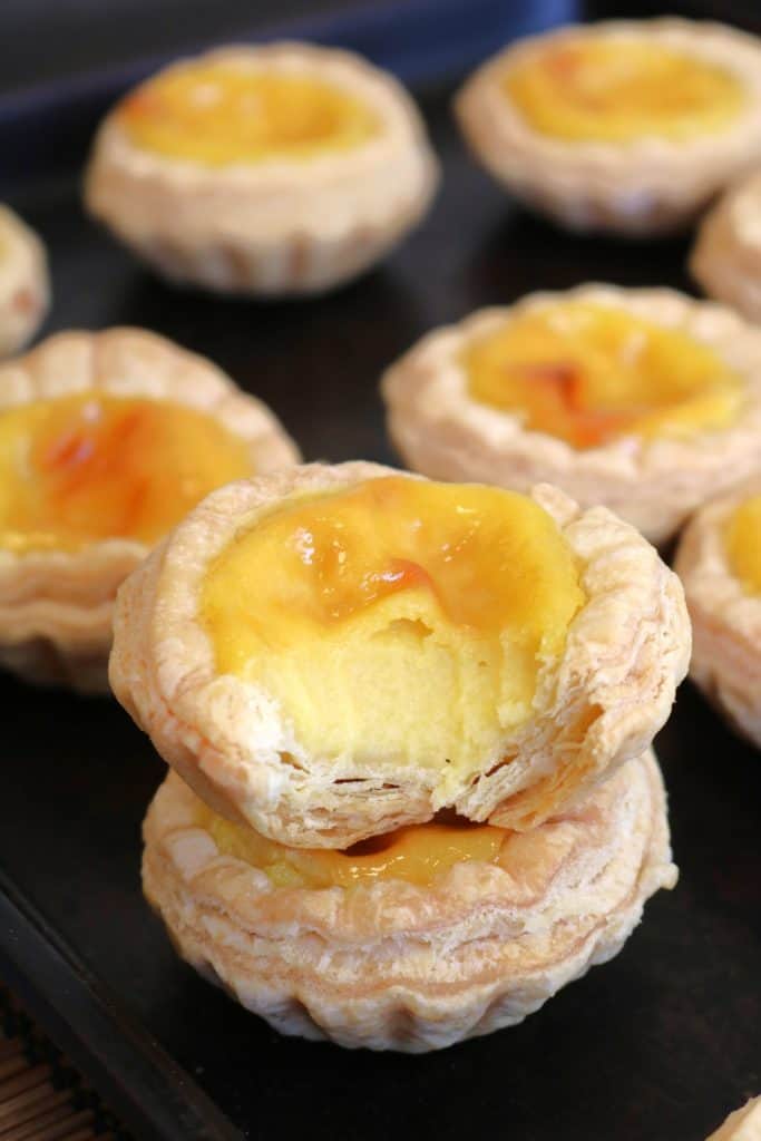 Portuguese egg tart cross section.