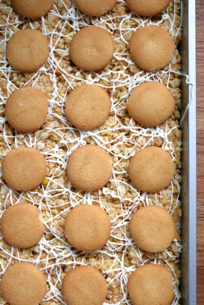 Pan of Banana Pudding Rice Krispie Treats.