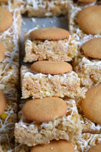 Stack of Banana Pudding Rice Krispie Treats.