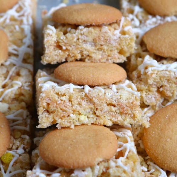 Stack of Banana Pudding Rice Krispie Treats.