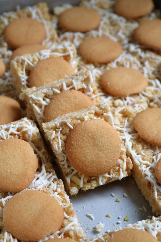 Banana Pudding Rice Krispie Treats-lined up.