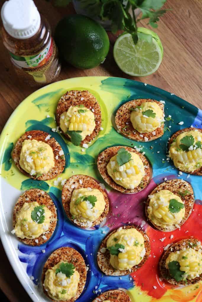 Tray of Mexican Street Corn Deviled Eggs.