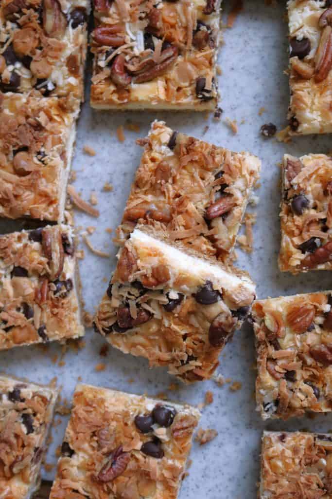 Tray of Seven Layer Cheesecake Bars.
