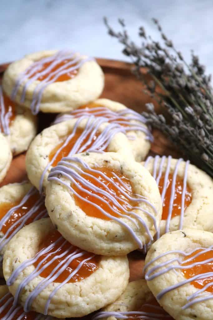Lavender Apricot Thumbprint Cookies on a Platter.