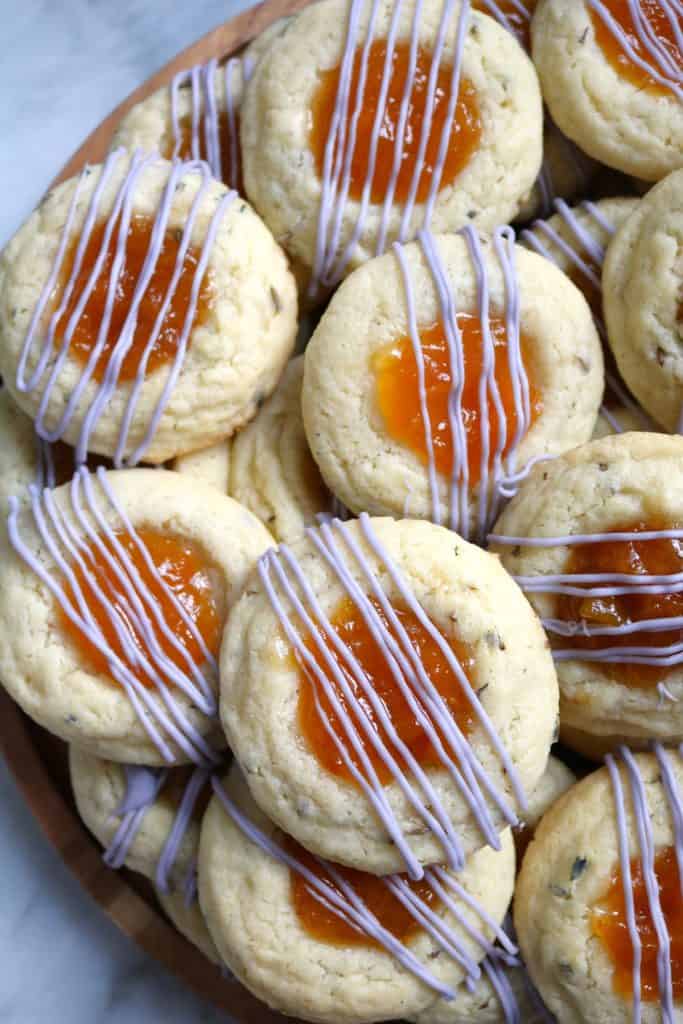 Pile of Lavender Apricot Thumbprint Cookies.