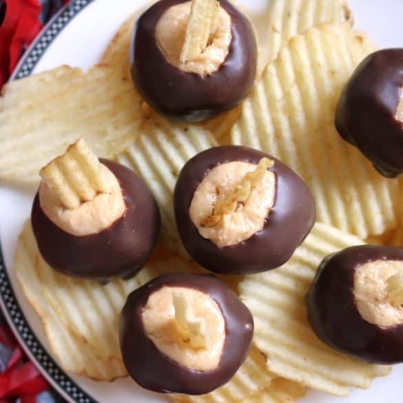 Potato Chip Buckeyes on top of potato chips.