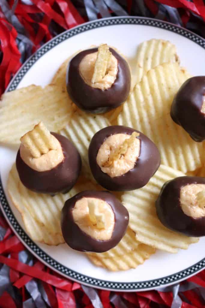 Potato Chip Buckeyes on top of potato chips.