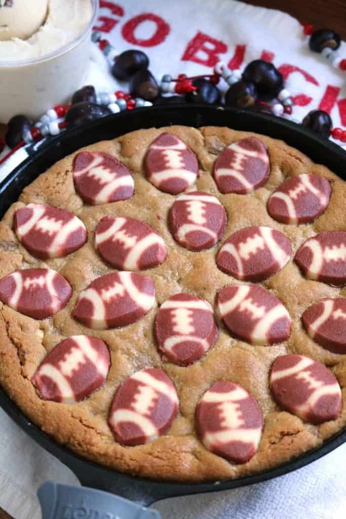 Football Sugar Cookie Topped Skillet Cookie.
