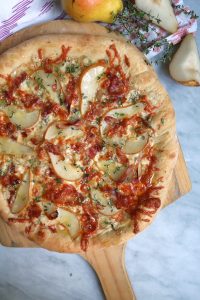 Gorgonzola Pear Pizza on Pizza Peel.