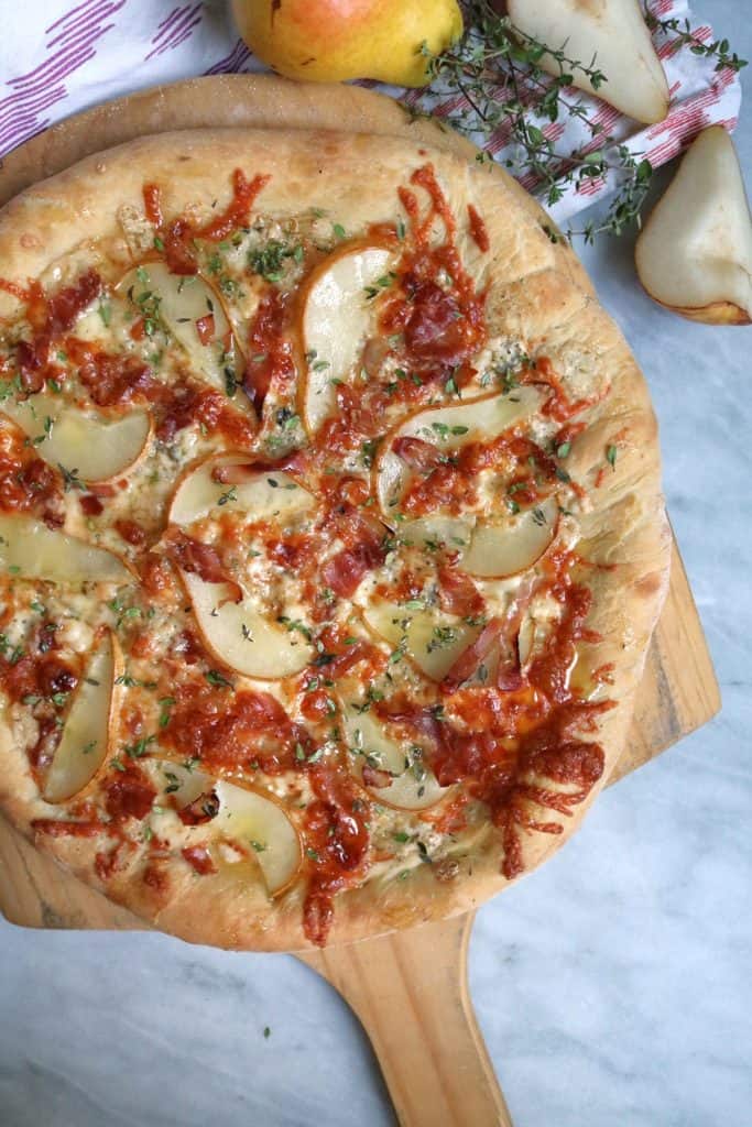 Gorgonzola Pear Pizza on Pizza Peel.