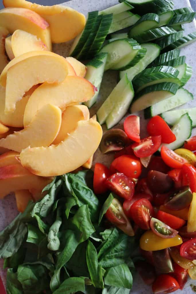 Peach Panzanella Salad with Tomatoes, Cucumbers, and Basil.
