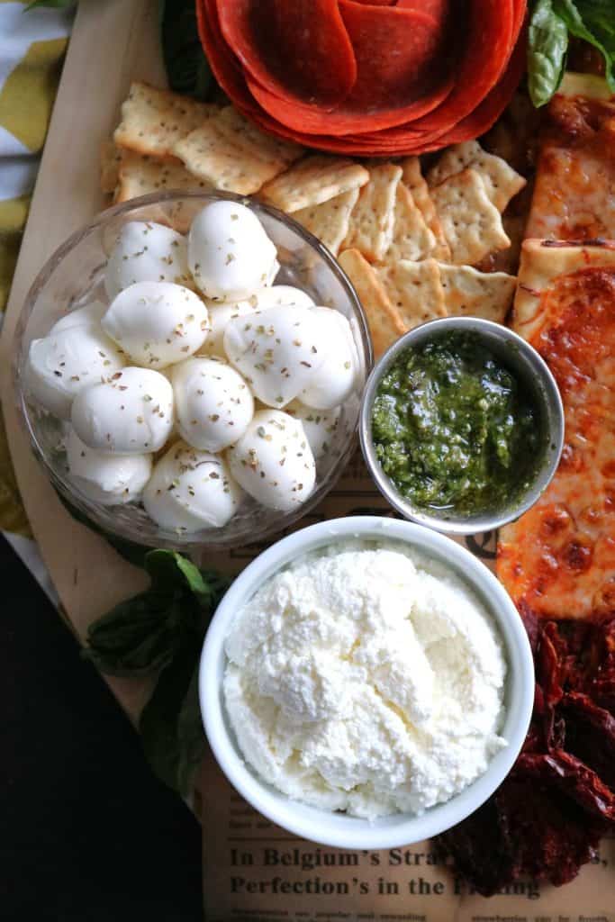 Pizza Charcuterie - Mozzarella, Ricotta, Basil Pesto.