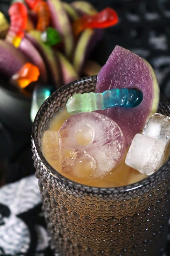 Poison Apple Cider Mule Mocktail with Skull Ice Cubes.