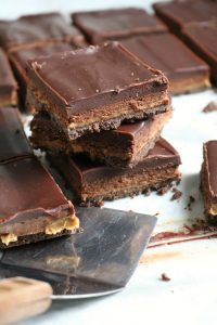 Stack of Peanut Butter French Silk Pie Bars.
