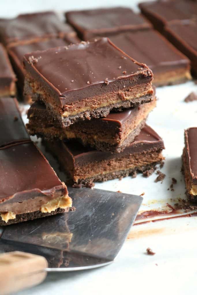 Stack of Peanut Butter French Silk Pie Bars.