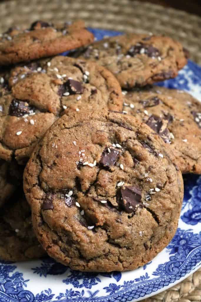 Tahini Dark Chocolate Chip Cookies on a plate.