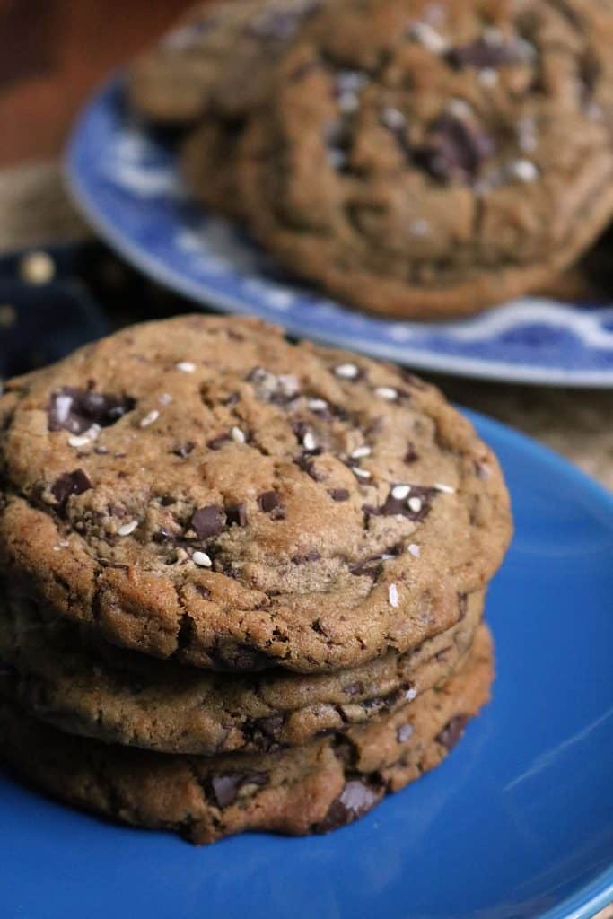 Stack of Tahini Dark Chocolate Chip Cookies.