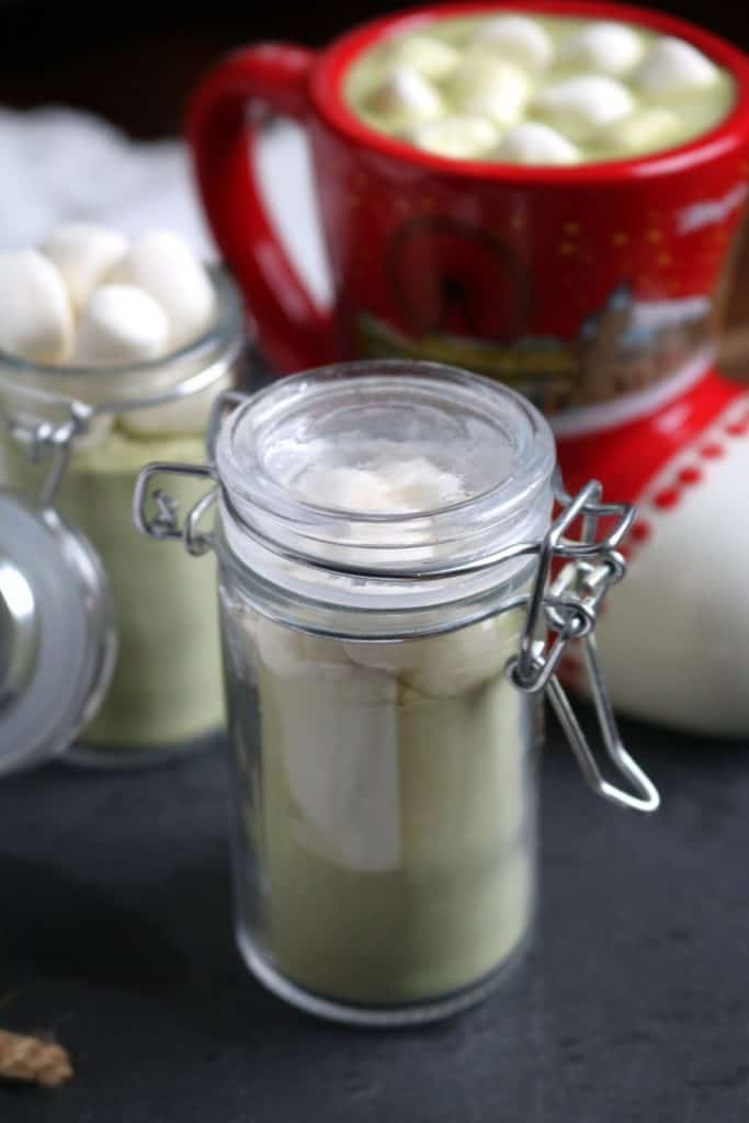 Matcha White Hot Cocoa Mix in a Swing-Top Container.