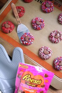 Chocolate Blossom Cookies topped with Reese's Mini Hearts.