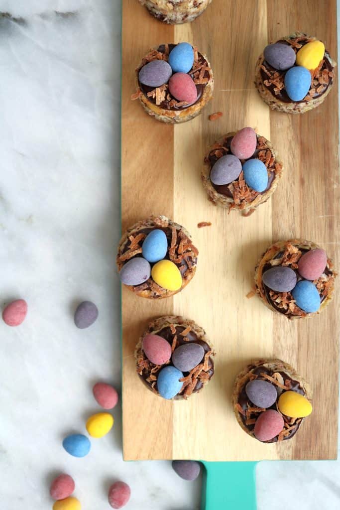 Cadbury Mini Egg Cheesecake, topped with toasted coconut.