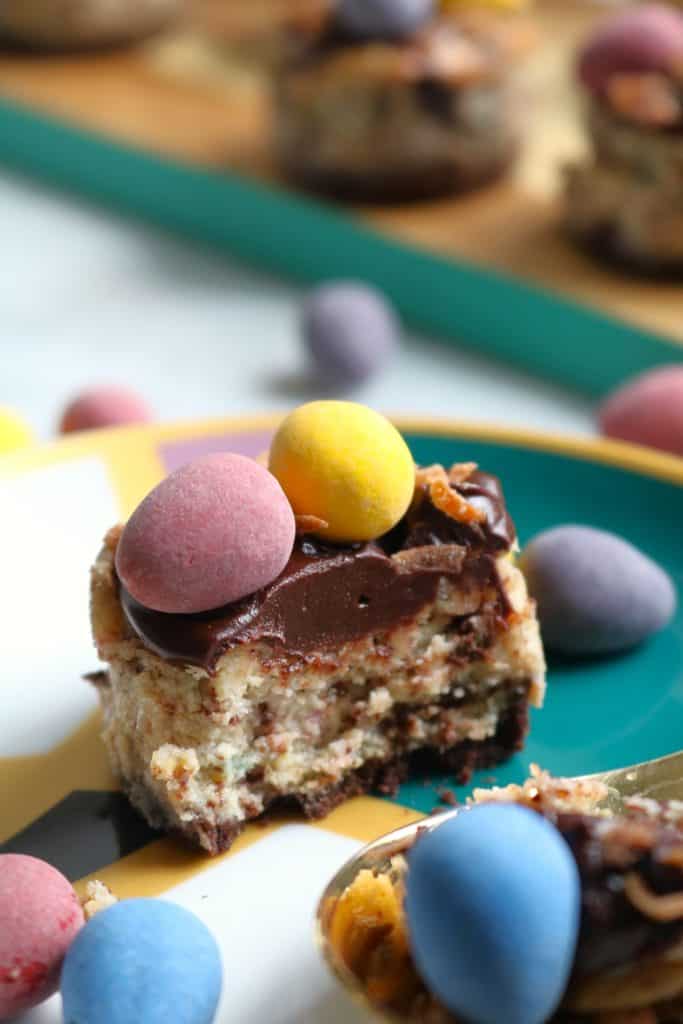 Cross-section of Cadbury Mini Egg Cheesecakes.