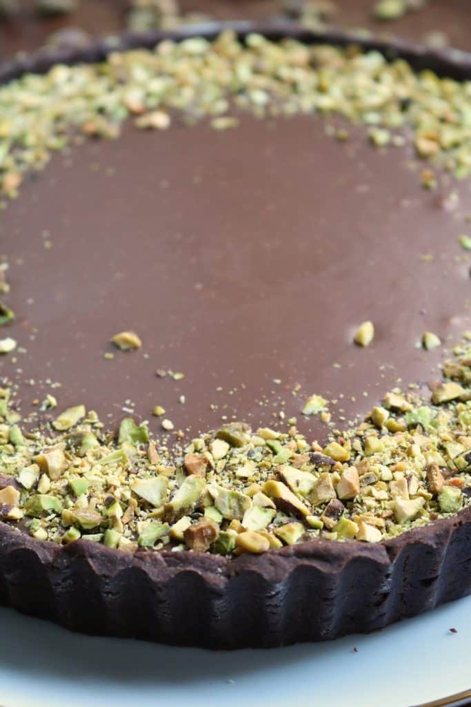 Dubai Chocolate Tart topped with Pistachios.