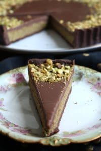 Slice of Dubai Chocolate Tart on a Plate.