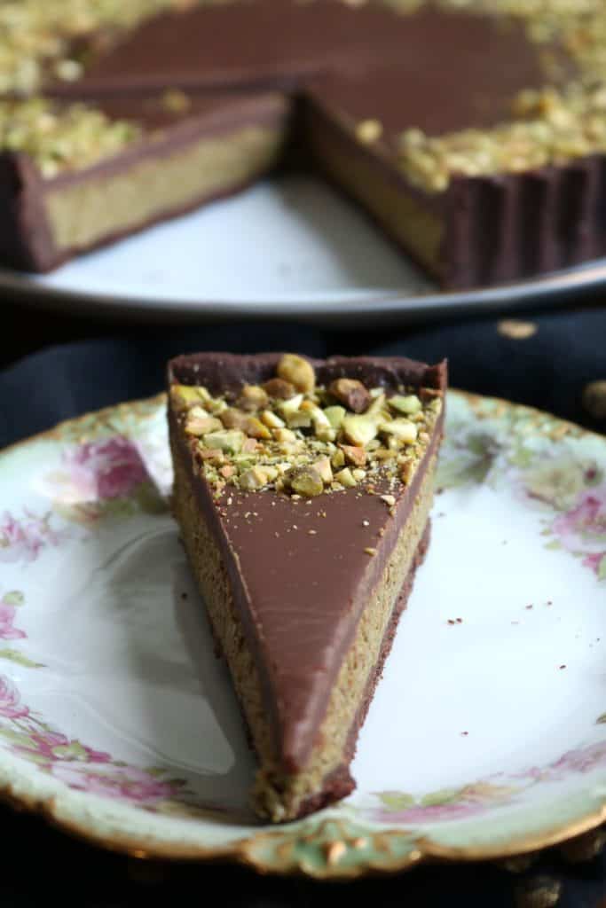 Slice of Dubai Chocolate Tart on a Plate.