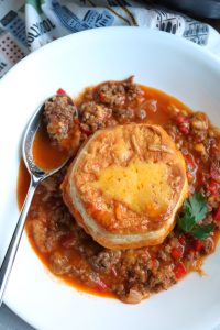 Sloppy Joe Pot Pie with Biscuits.