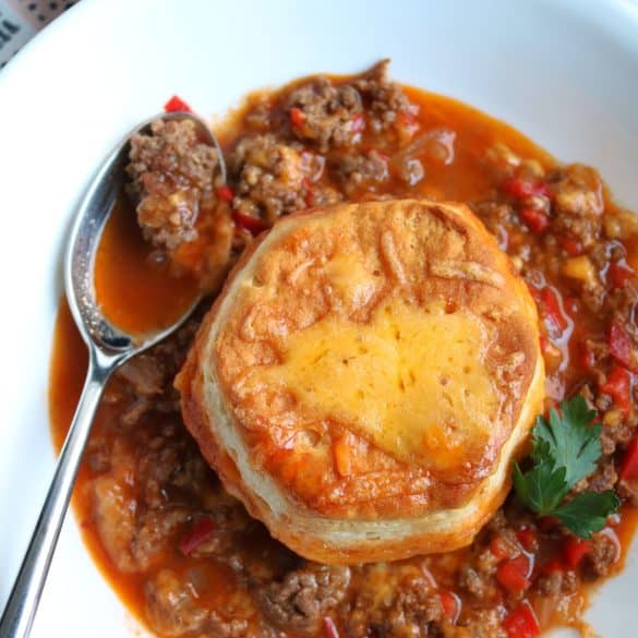 Sloppy Joe Pot Pie with Biscuits.