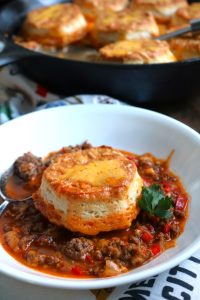 Serving of Sloppy Joe Pot Pie with Biscuits.