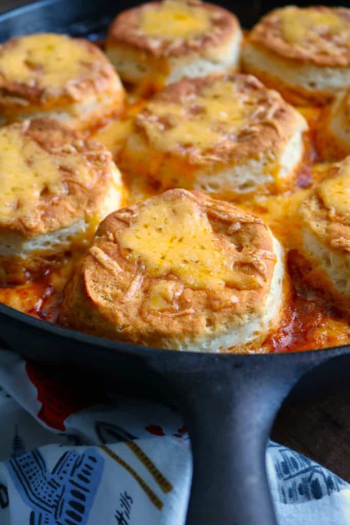 Skillet Sloppy Joe Pot Pie with Biscuits.