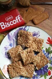 Biscoff Rice Krispie Treats on a plate.