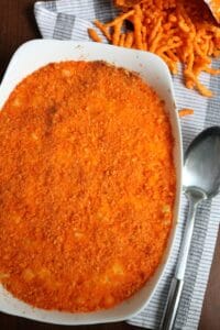 Cheetos topped Cheesy Potato Casserole.