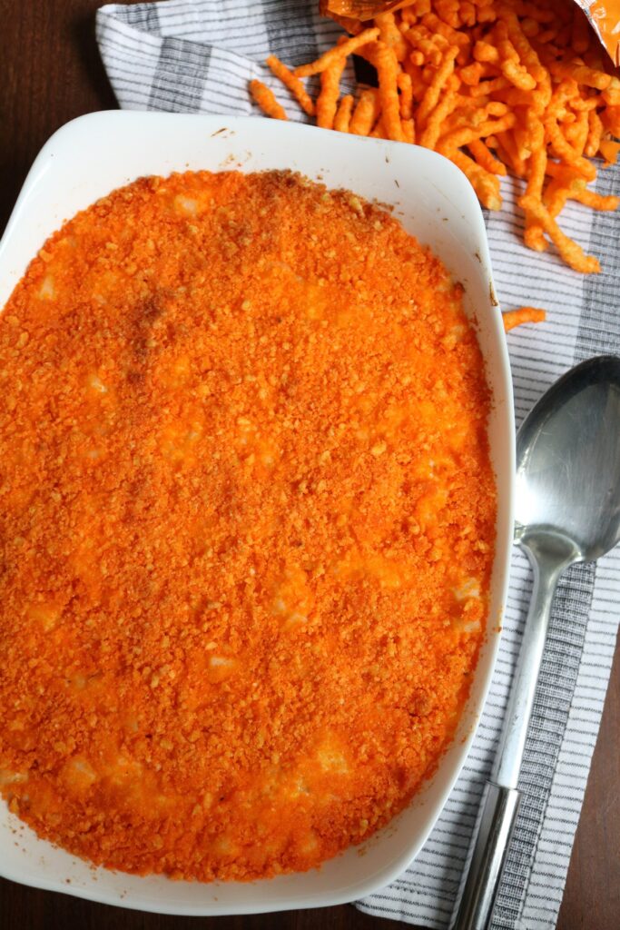 Cheetos topped Cheesy Potato Casserole.