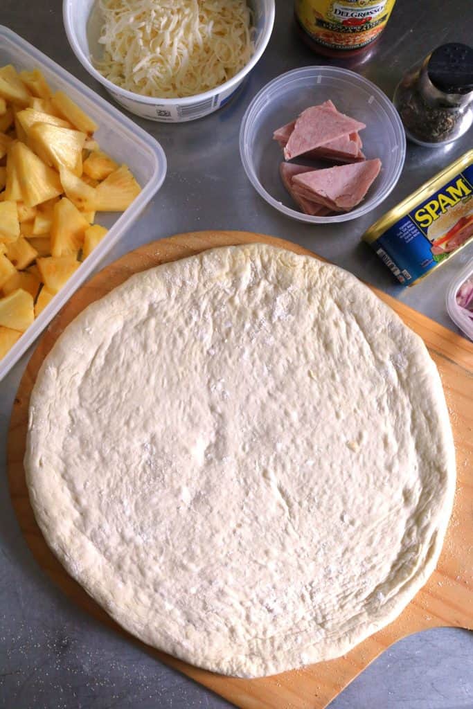 Pizza Dough with Hawaiian Spam Pizza Toppings.