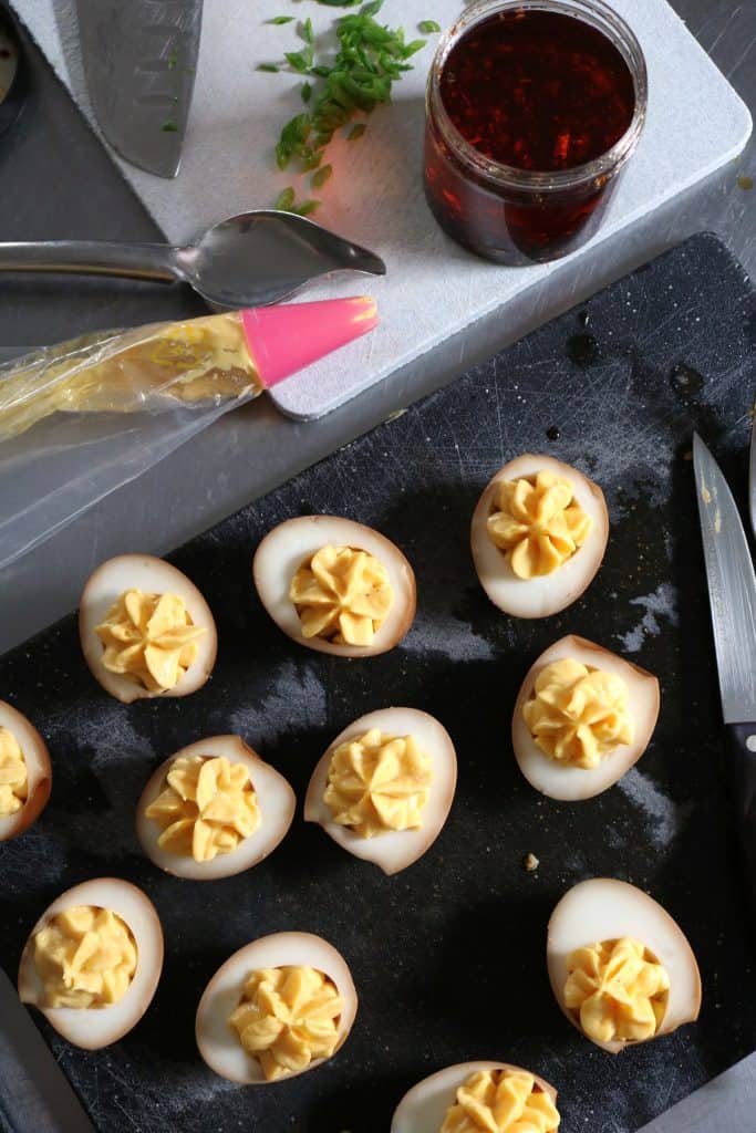 Making Asian Deviled Eggs with Soy Marinated Eggs.
