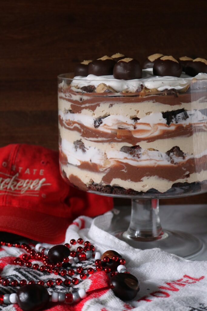 Layers of Buckeye Brownie Trifle.