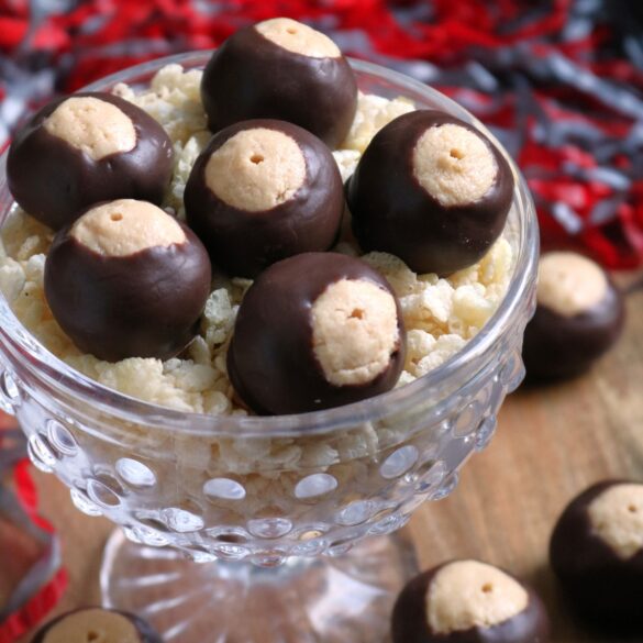 Crunchy Buckeyes made with puffed rice cereal.